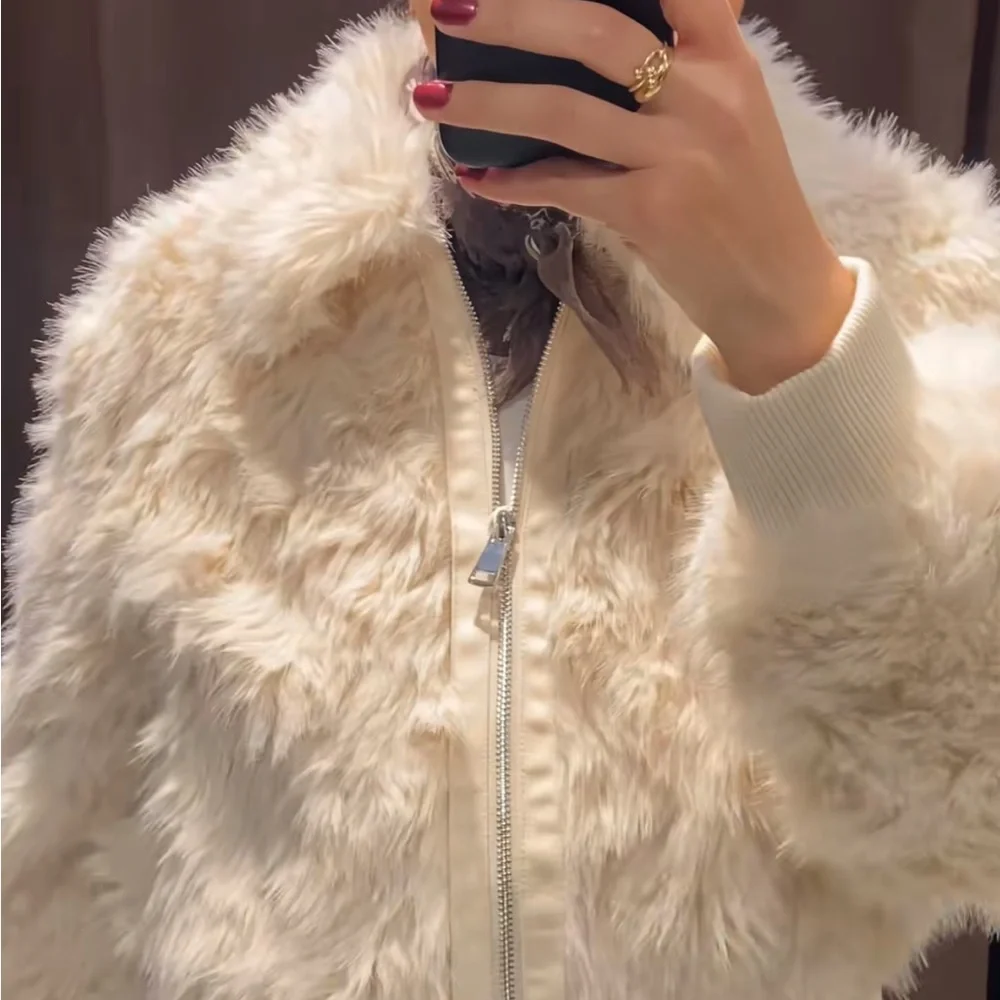 Zara Faux Fur Bomber NWT Jacket Ecru 3046/028/712 Cream XS mob wife old money - Picture 13 of 17